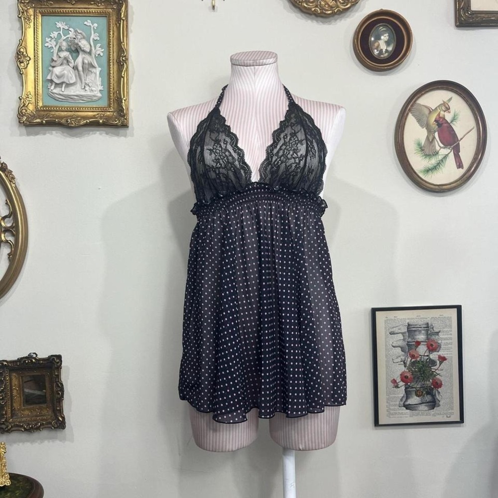 René Rofé Black & Pink Polka Dot Lace Halter Babydoll – Sample Piece